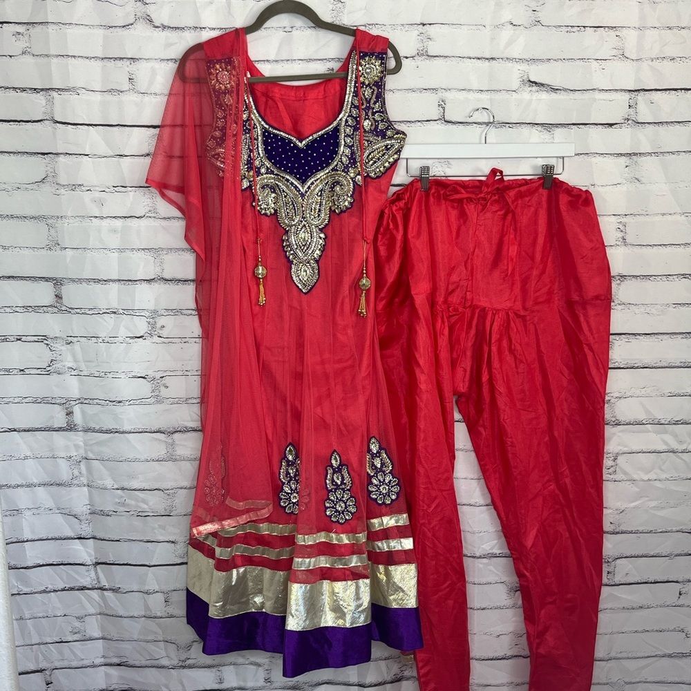 Vintage 90s Red Salwar Kameez Set Indian Navy Blue Neckline Gold Embroidery 40